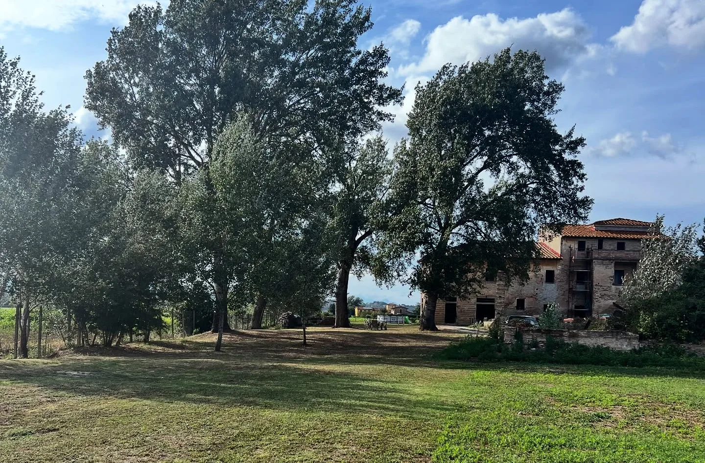 Podere Raparello visto dal prato, tra gli alberi