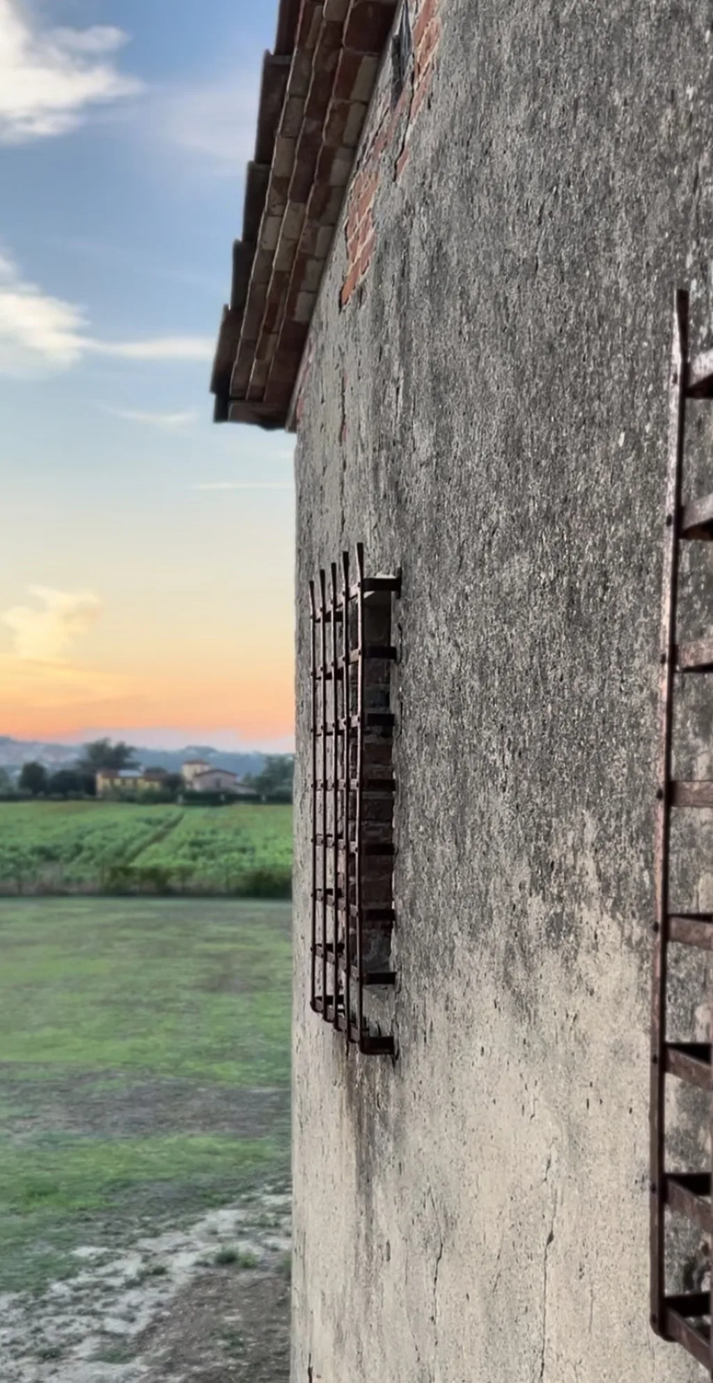 Il podere al tramonto, visto dal campo